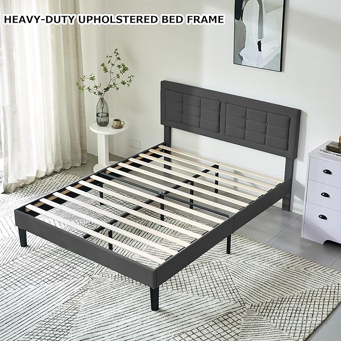 VECELO Queen Size Bed Frame with Adjustable Headboard, Upholstered Button Tufted Platform Bedframe with Wood Slats Support, No Box Spring Needed, Linen Fabric & Grey