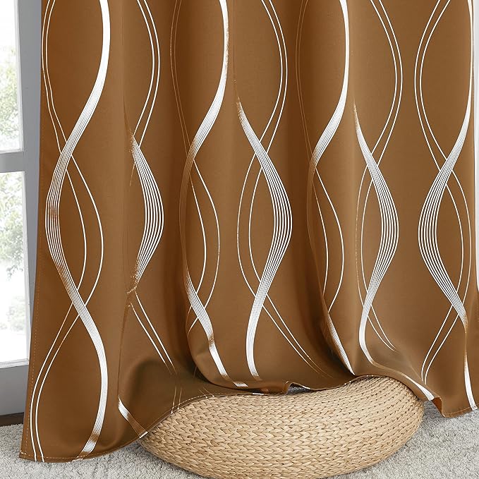 NICETOWN Gold Brown Blackout Curtains 63 inch Long for Fall, Energy Saving Thermal Insulated Foil Print Patterned Design Drapes for Kitchen, W52 xL63, 2 Panels