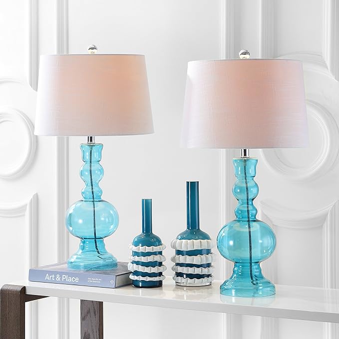 JONATHAN Y 28.5" Blue Glass Table Lamp Set of 2 for Living Room Bedroom Decor, Modern Bedside Lamps with White Linen Shade, LED Bulbs Included JYL1061A-SET2