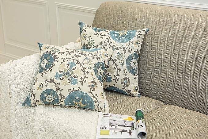 Mika Home Pack of 2 Jacquard Circle Floral Throw Pillow Shell Vintage Cushion Cover for 20X20 Inserts Cream Blue