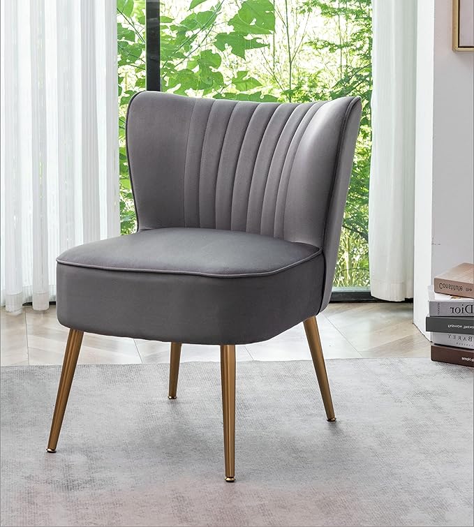 Modern Velvet Accent Chair for Living Room, Bedroom, or Entryway, Stylish and Comfortable Armless Design with Metal Legs, Grey