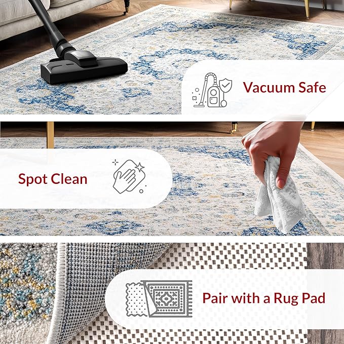 Nuloom Verona Blue/Off-White, 3' x 5', Vintage Medallion, Soft and Cozy, High Traffic, Stain Resistant, Easy Clean, Durable Area Rug for Bedroom, Living Room, Dining Space, Den, Foyer, Entryway