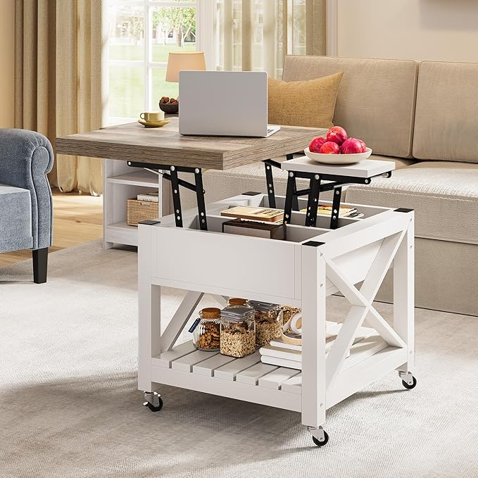 YITAHOME Lift Top Coffee Table with Wheels, Farmhouse Square Coffee Tables for Living Room, 2 Tier Small Coffee Table with Storage Compartment Rustic Wood Cocktail Table Dining Table, Grey Wash