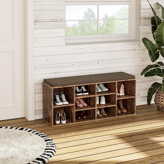 Shoe Bench, Storage Bench with Padded Seat, 10 Cubbies Storage Entryway Bench, for Living Room, Bedroom, Hallway,Brown