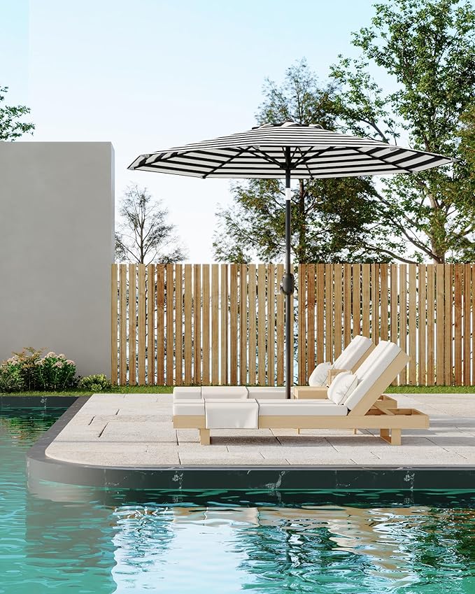 GarveeLife 9 ft Outdoor Patio Umbrella, Table Market Umbrella with Push Button Tilt and Crank, 8 Sturdy Ribs UV Protection Waterproof for Garden, Deck, Pool (Black-and-white striped)