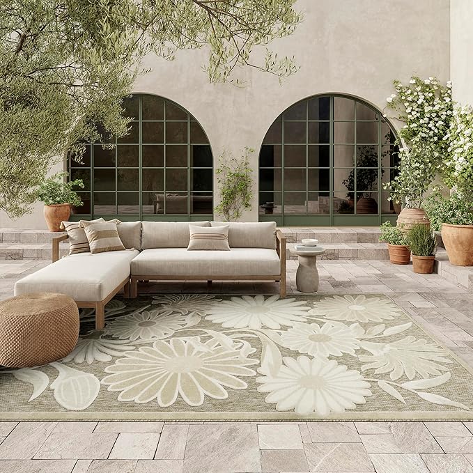 Nourison Home Aloha Ivory Sage 7'10" x 10'6" Area Rug - Easy Clean, Non Shedding, Bed Room, Living Room, Dining Room, Kitchen (8' x 11')