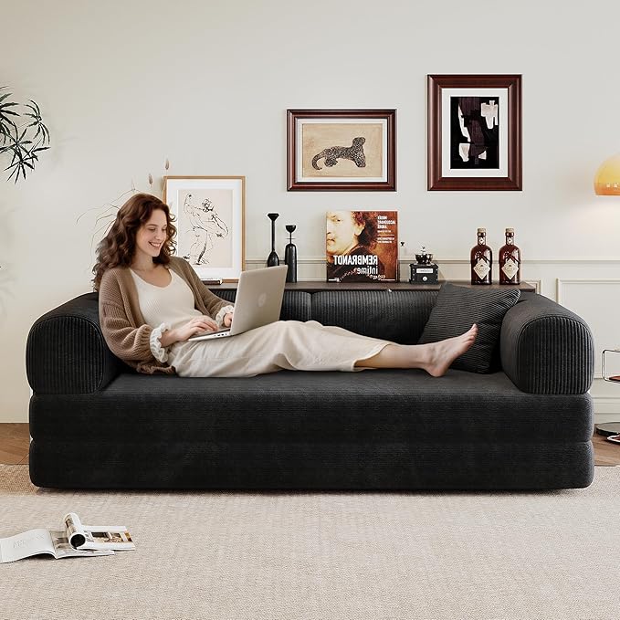 JINGLING 79" Queen Sleeper Sofa Bed with Memory Foam, Compressed Couch in a Box, Foldable Convertible Small Couches for Small Spaces Bedroom Game Room, Corduroy Fabric, Black
