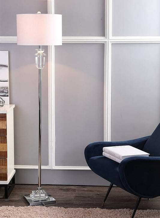JONATHAN Y 63" Clear/Chrome Faceted Crystal and Iron LED Floor Lamp, Contemporary Glam Standing Lamp with White Linen Drum Shade for Living Room, LED Bulb Included JYL1046A