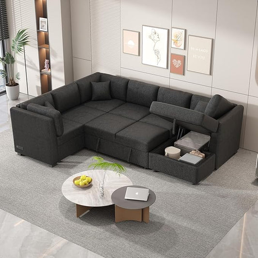 ERYE 108-Inch U-Shaped Sleeper Sectional Sofa with Pull Out Couch Bed for Living Room, Comfy Chenille Upholstered Corner Sleeper Sofabed with Storage Chaise & Power Sockets