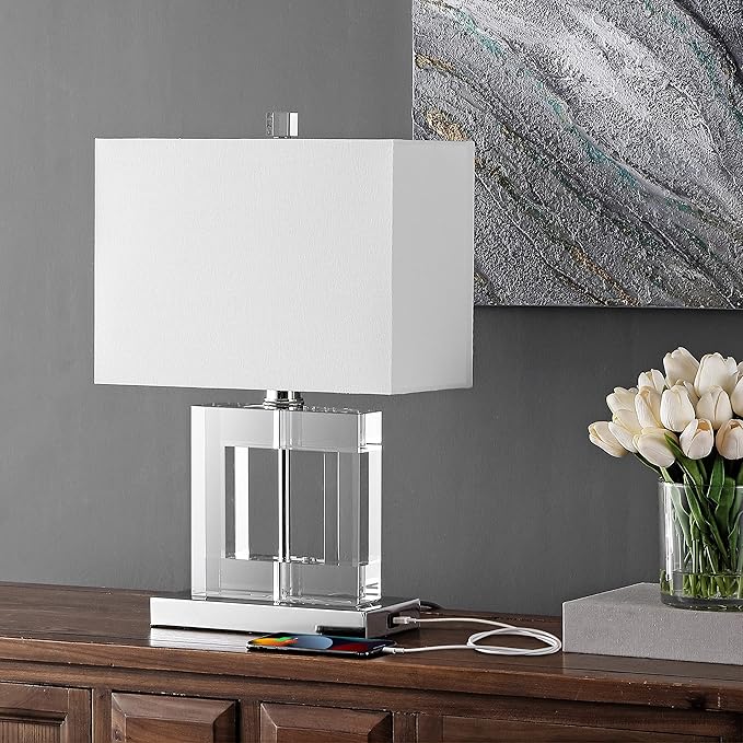 SAFAVIEH Lighting Collection Town Square Clear Crystal 21-inch Table Lamp with USB Charging Port
