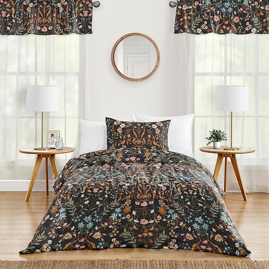 Sweet Jojo Designs 2-Piece Twin Comforter Set (Black Boho Wildflower Floral) for Girls, Teen Kids Bedding, Bed in a Bag incl. Blanket & Pillow Sham (Vintage, Bohemian Farmhouse, Botanical Cottagecore)