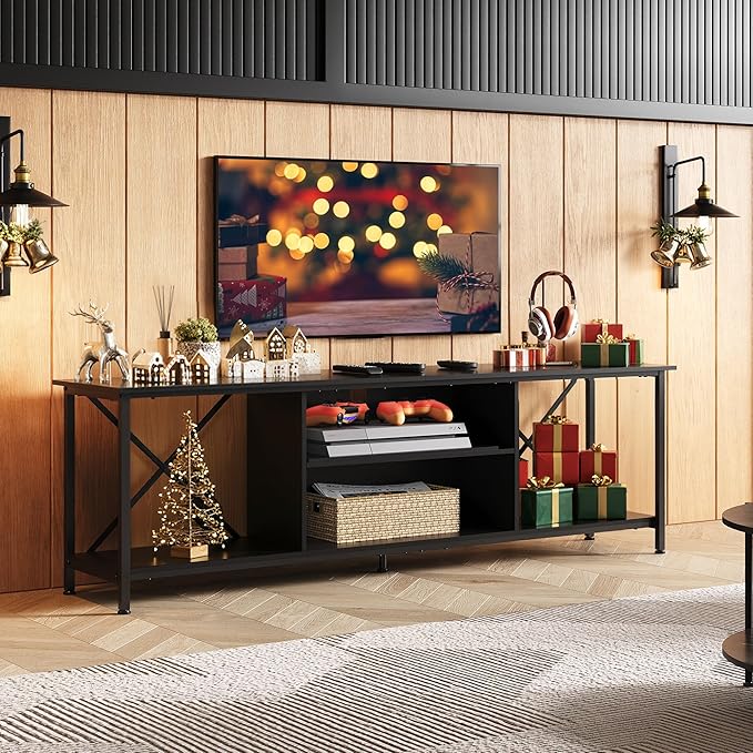 WLIVE Industrial TV Stand for Up to 70 inch TV, Heavy-Duty Metal Frame Entertainment Center with Adjustable Shelves & Cable Management, Large Media Console for Living Room, Black