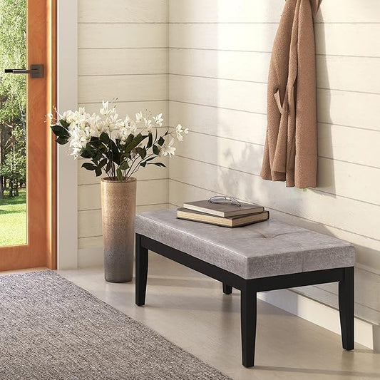 SIMPLIHOME Lacey Tufted Ottoman Bench - 41 inch Wide Upholstered Vegan Leather Rectangle Ottoman in Distressed Grey Taupe, Contemporary Bench for Bedroom or Entryway with Stitching Detail, Assembled