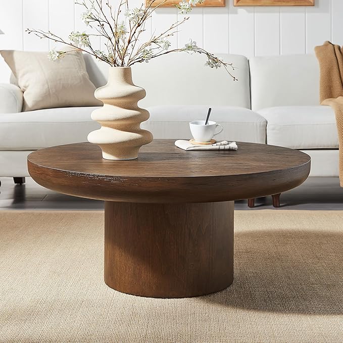 Eafurn 35.98inch Round Wood Coffee Table with Cylindrical Leg, Farmhouse Cocktail Solid Circle Center Wooden Table, Brown Walnut Tabletop & Legs