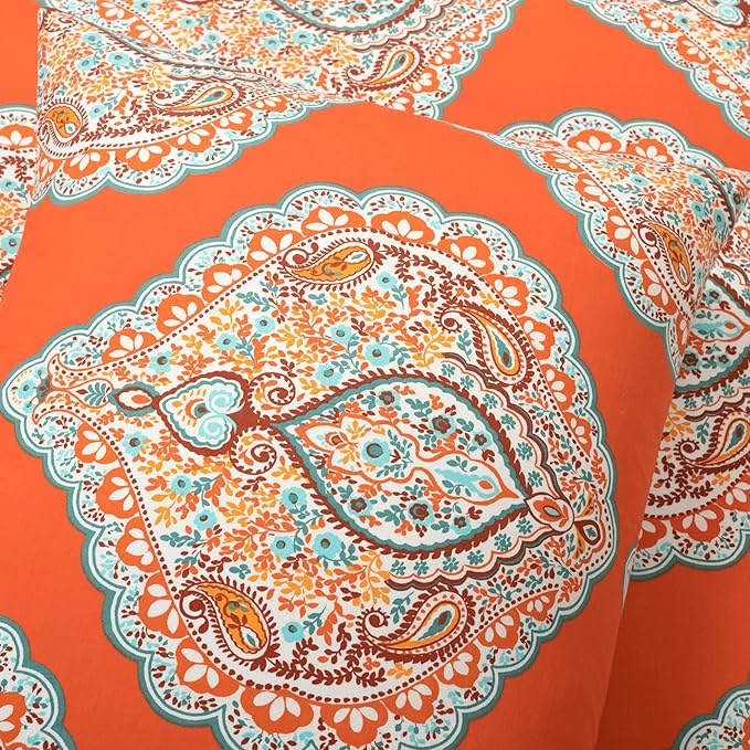 Lush Decor Harley Reversible Cotton Duvet Cover Queen Size 3 Piece Set Full/Queen Tangerine - Boho Bedding Set Queen Duvet Covers - Boho Bedroom Decor