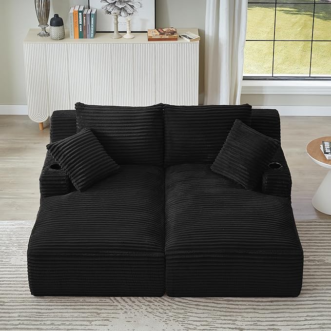 KEIKI Compressible Double Chaise Lounge with Cupholders, Fluffy Corduroy Sleeper Loveseat for Living Room Relaxation, Boneless Chaise Lounge Indoor with Spring Padding, No Assembly Required