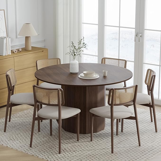 Casaphoria 52" Round Dining Table, Modern Wood Kitchen Table with Cylinder Polygonal Base for Living Room & Dining Room, Easy Assembly Farmhouse Furniture for 4-6, Walnut