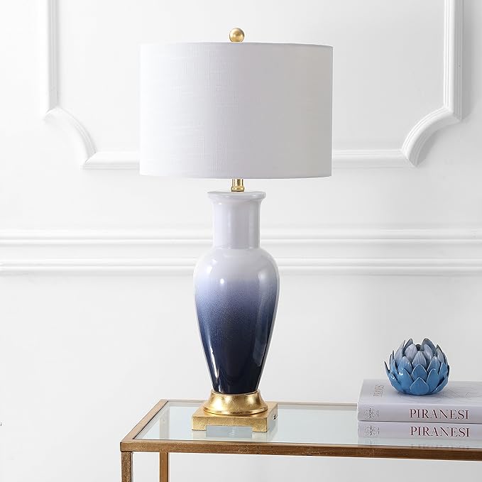 JONATHAN Y 31.5" White/Navy Blue Dip Dye Ceramic Table Lamp for Living Room, Large Bedside Lamp for Bedroom with White Linen Drum Shade, Traditional End Table Light, LED Bulb JYL3017A