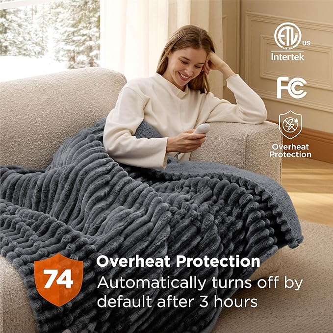 Bedsure Heated Blanket Electric Throw - Thick Striped Flannel Electric Blanket, Heating with 4 Time Settings, 6 Heat Settings, and 3-Hour Timer Auto Shut Off, Gift for Grandma (50x60 inches, Grey)