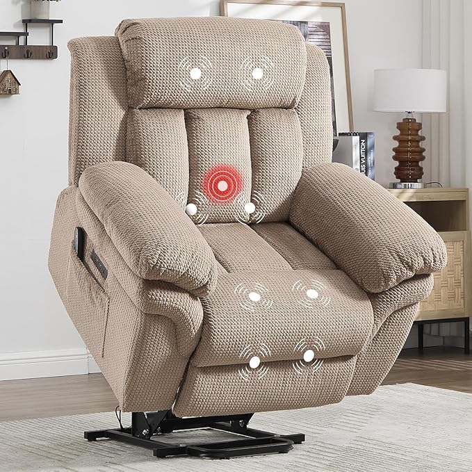 CANMOV 46" Wide Oversized Power Lift Recliner Chair for Elderly, Extra Large Electric Lift Recliners for Big and Tall, Power Recliner Chair with Massage&Heating, USB and Type-C Ports, Light Brown