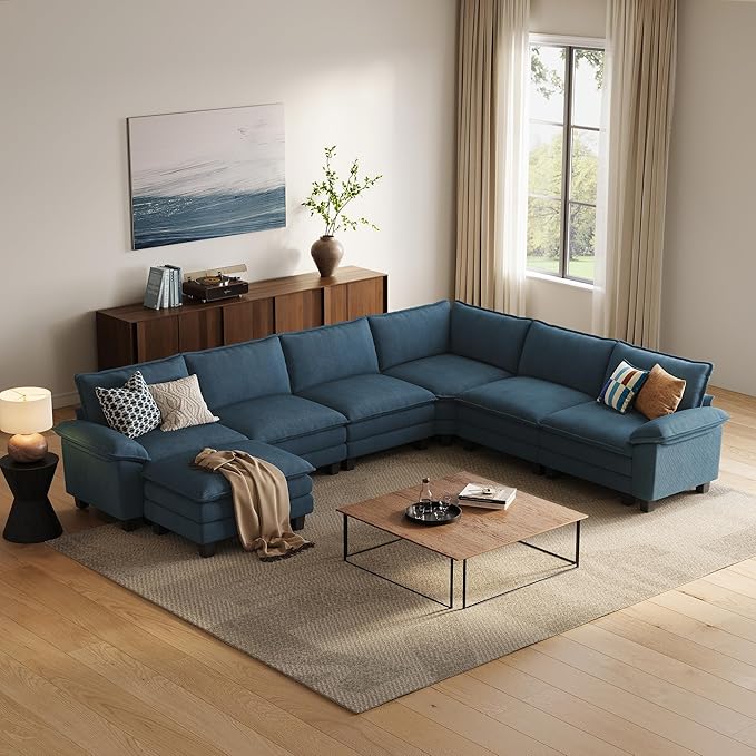 LINSY HOME Modular Sectional Sofa Couch Corduroy Cloud Couches for Living Room, U-Shaped Cloud Couch Sectional Sofas for Bedroom and Apartment, Blue