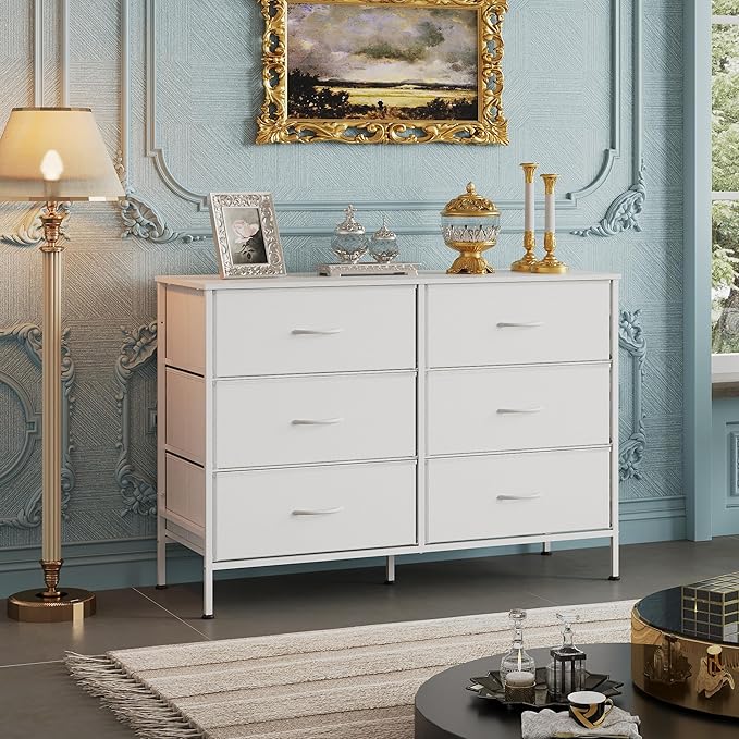 WLIVE Wide Dresser with 6 Fabric Drawers, TV Stand for 50" TV, Closet Dresser with Metal Frame, Wooden Top, Fabric Dressers for Bedroom, Closet, Hallway, Living Room, Entryway, White