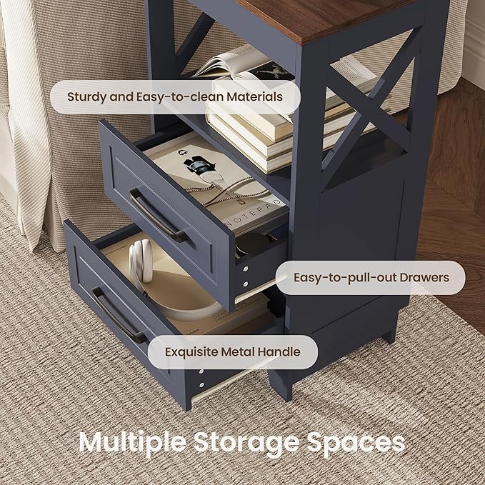 Tall Nightstand Set of 2 Side Table with 2 Drawers Modern Night Stand Wooden Rustic End Table Bedside Table with Upper Open Shelf Solid Feet for Bedroom Navy Blue+Walnut