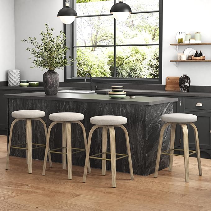 Bar Stools Set of 2, Counter Height Backless Bar Stools, 30" Swivel Barstools Kitchen Chair with Upholstered Fabric Seat, Beige