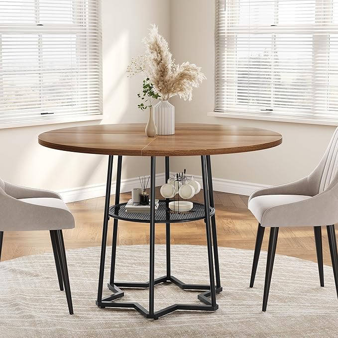 IDEALHOUSE Round Dining Table for 4, 38" Farmhouse Kitchen Table with 17.7" Storage, Small Circle Dinner Tables, Space Saving, Wood Kitchen & Dining Room Furniture for Dining Room, Apartmen, Brown