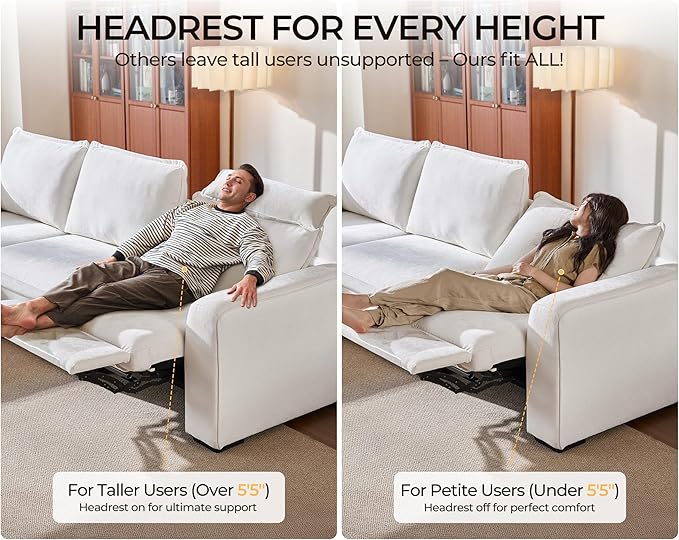 Oversized Modular Power Recliner Sofa Wall Hugger, Cloud Reclining Couch with Headrest, Storage Ottoman, Drawer Charging Cup Holder, Deep L-Shaped 6 Seater with Dual Electric Recliner, Chenille, White