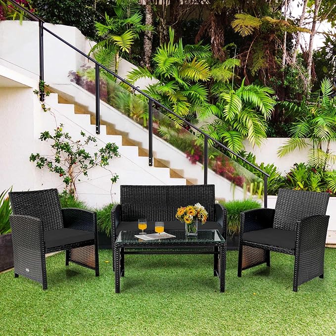 Tangkula 4 Pieces Rattan Furniture Set, Outdoor Conversation Set w/Chair & Loveseat & Tempered Glass Coffee Table, Suitable for Garden, Backyard, Poolside, Patio Furniture Set for 4 (2, Black)