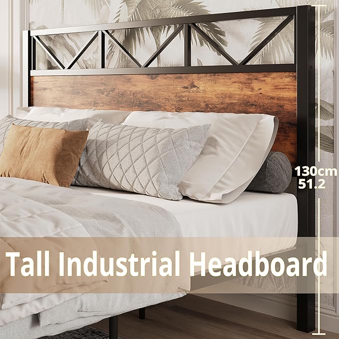 LIKIMIO King Bed Frame, Tall Industrial Headboard 51.2 ", Platform Bed Frame with Strong Metal Support, Solid and Stable, Noise Free, No Box Spring Needed, Easy Assembly, Vintage Brown