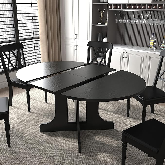 Ball & Cast Extendable Round Dining Table for 4-6,43.3-59" Transformer Kitchen Table W/Removable Leaf Trestle & X-Shaped Base,Modern Oval Extendable Dining Room Table for Small Space,Black