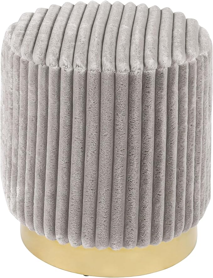 Furniture of America Vail Modern 17-inch Upholstered Ottoman with Channel Tufting and Gold Stainless Steel Base, Vanity Stool Chair, Small Foot Stool for Bedroom, Living Room, Entryway, Grey