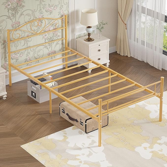 VECELO 14 Inch Twin Size Metal Platform Bed Frame with Headboard and Footboard, Heavy Duty Mattress Foundation with Steel Slats Support, No Box Spring Needed, Gold