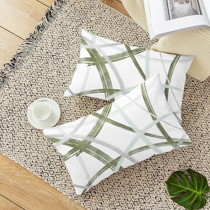 CaliTime Throw Pillow Cases Pack of 2 Cozy Fleece Arc-Shaped Abstract Geometric Lines Decorative Cushion Covers for Couch Bed Sofa Farmhouse Decoration 12 X 20 Inches Sage Green Grey