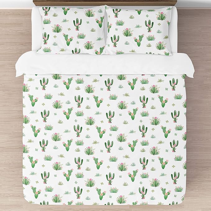 Sweet Jojo Designs Pink and Green Boho Watercolor Cactus Floral Girl Full/Queen Kid Childrens Bedding Comforter Set - 3 Pieces