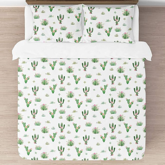 Sweet Jojo Designs Pink and Green Boho Watercolor Cactus Floral Girl Full/Queen Kid Childrens Bedding Comforter Set - 3 Pieces