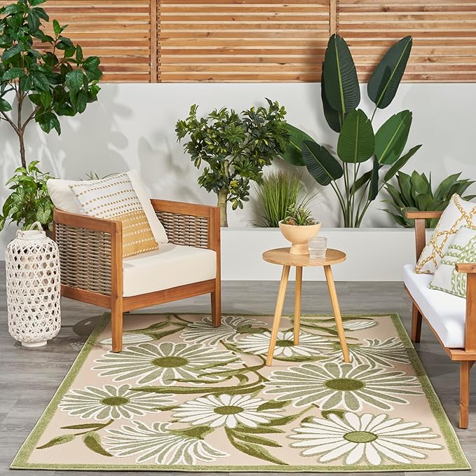 Nourison Home Aloha Ivory Green 5'3" x 7'5" Area Rug - Easy Clean, Non Shedding, Bed Room, Living Room, Dining Room, Kitchen (5' x 8')