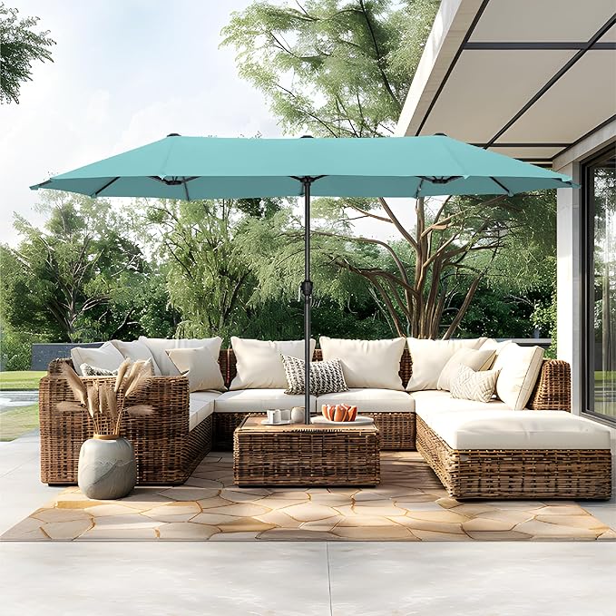 PHI VILLA 13ft Large Patio Umbrellas, Double-Sided Outdoor Market Rectangle Umbrella for Outside, Turquois
