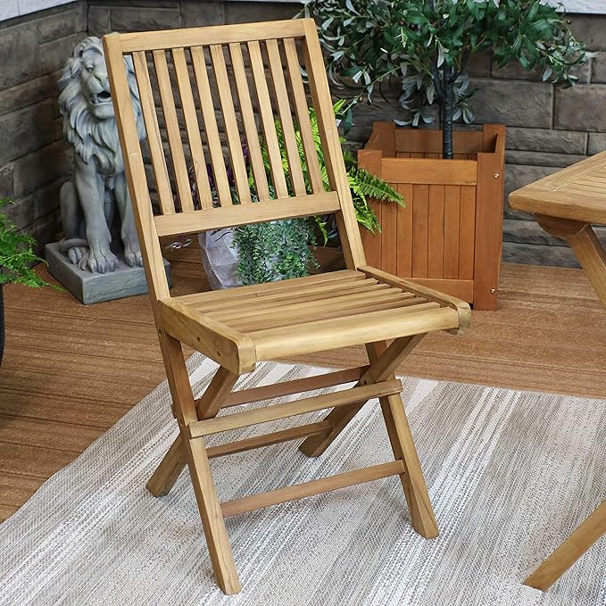 Sunnydaze Foldable Teak Wood Outdoor Chairs – Folding Patio Chair Set of 2 for Deck or Balcony – Wooden Teak Furniture with Light Finish