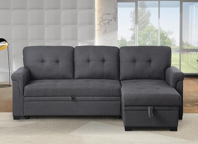 ERYE 83-inch Pull Out Sleeper Couch Bed, L-Shaped Reversible Sleeper Sectional Sofa Linen Blend Tufted Upholstered Corner Convertible Sofa Bed with Storage Chaise