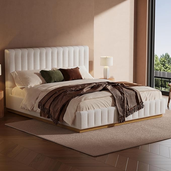 Merax King Bed Frame Upholstered Platform Bed with Linen Headboard, Wing Edge Design/Non-Slip and Noise-Free/Wooden Slats Support/No Box Spring Needed/Easy Assembly,King