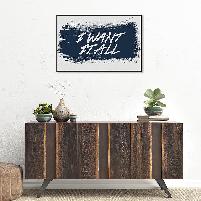 The Oliver Gal Artist Co. Typography and Quotes Wall Art Framed Canvas Prints 'I Want It All Navy' Motivational Quotes and Sayings