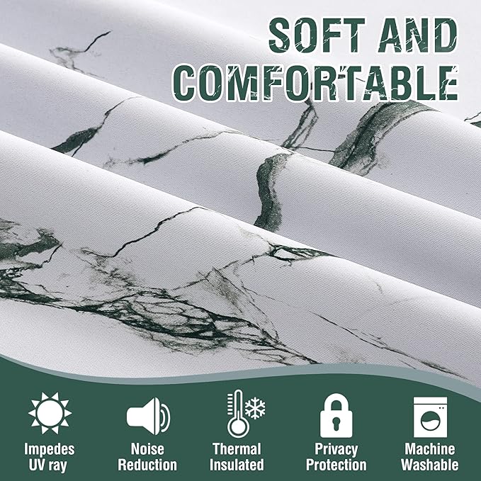 H.VERSAILTEX 100% Blackout Curtains 63 inch Length 2 Panels Set Marble Designs Printed Drapes Thermal Curtains for Bedroom with Black Liner Sound Proof Curtains, Antique Green