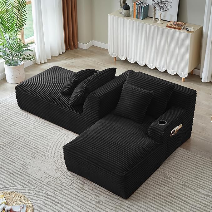 Eafurn Oversized Double Chaise Lounge Indoor with Cup Holders & Side Pocket, 71" Plush Corduroy Boneless Chaise Lounge Sofa with High Density Sponge & Deep High Seat Comfy Sleeper Couch Bed | Breathable material, No Assembly, 52" Deep Seat, 19.7" High ...
