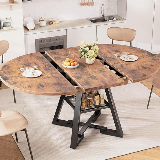 Round Dining Table Kitchen Dining Room Dinner Table for 4-6, Space Saving Extendable Oval Circle Furniture with Pedestal Base and Storage Shelf for Kitchen Living Room (Vintage, for 4-6)