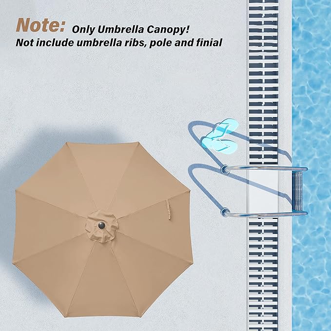 Simple Deluxe 9' Patio Umbrella Replacement Canopy Only Outdoor Table Market Yard Umbrella Replacement Top Cover with 8 Ribs, Tan