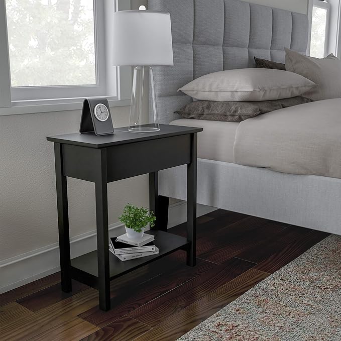 Lavish Home Flip Top End Table - Narrow End Table and Slim Console with Storage Compartment and Lower Shelf for Living Room, Hallway, Entryway and Small Spaces (Black)