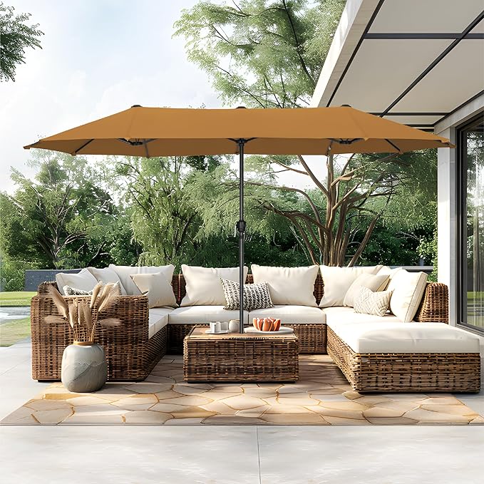 PHI VILLA 13ft Large Patio Umbrellas, Double-Sided Outdoor Market Rectangle Umbrella for Outside, Tawny